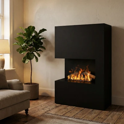 Glow Fire Tucholsky Eckkamin Rechts Schwarz - OMC 600 | Freistehender Wasserdampfkamin, Schwarz, 91 cm x 150 cm x 35 cm